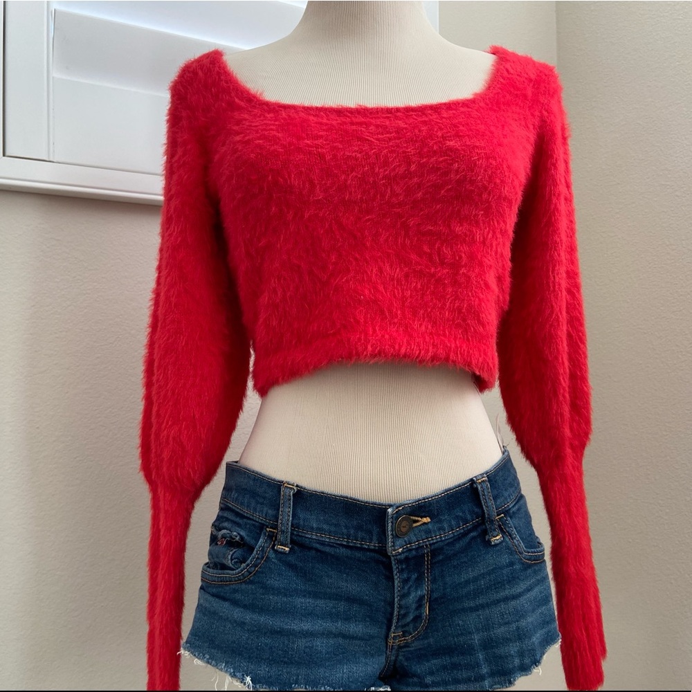 Zara Fuzzy Red Crop Top Long Sleeve Scoop Neck Size S